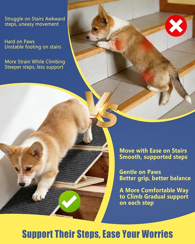 Dog Ramp for Stairs, 6 Pack Wooden Dog Stair Ramps for Small Dogs Only, Foldable Non-Slip Pet Ramp for Longer Indoor Stairs, Adjustable Step Support for Senior & Short-Legged Pets