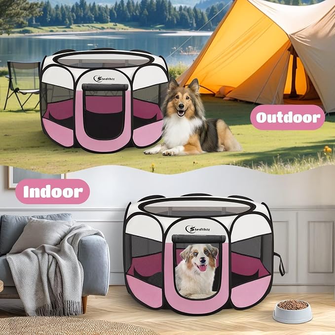 Siedihit Pink Puppy Playpen for Large Dog Cat, Dog Tent Crates Cage Indoor/Outdoor, Portable Pop Up Dog Kennel with Carrying Bag for Rabbits, (Pink, Large)