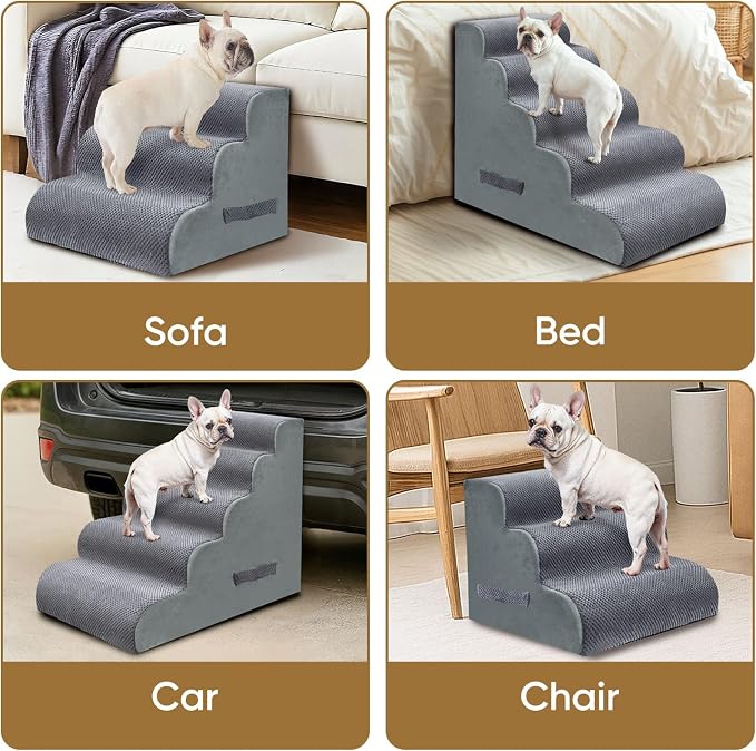 PAWSCRAT Pet Stairs for Dogs 4-Step, 19.6" H Pet Stairs for High Bed, Couch Sofa & Chair, 30D Material Soft Foam Dog Steps with Non-Slip Bottom Surface Removable Washable Cover, Grey