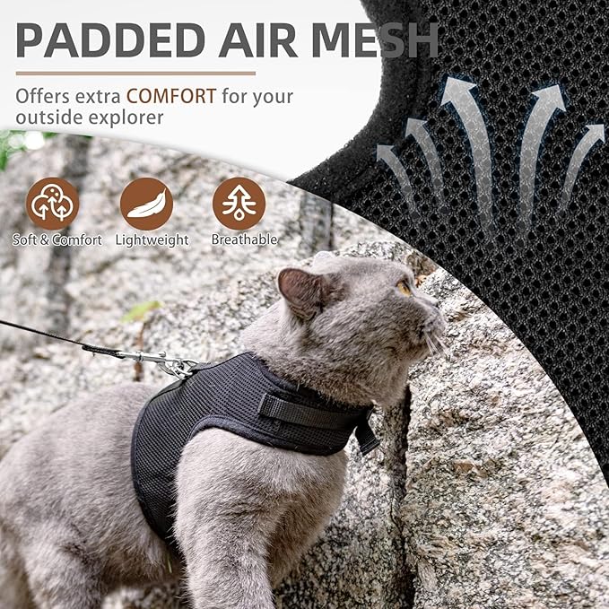PUPTECK Soft Mesh Cat Vest Harness and Leash Set Puppy Padded Pet Harnesses Escape Proof for Cats Small Dogs Rabbits Bunny(Small, Black)