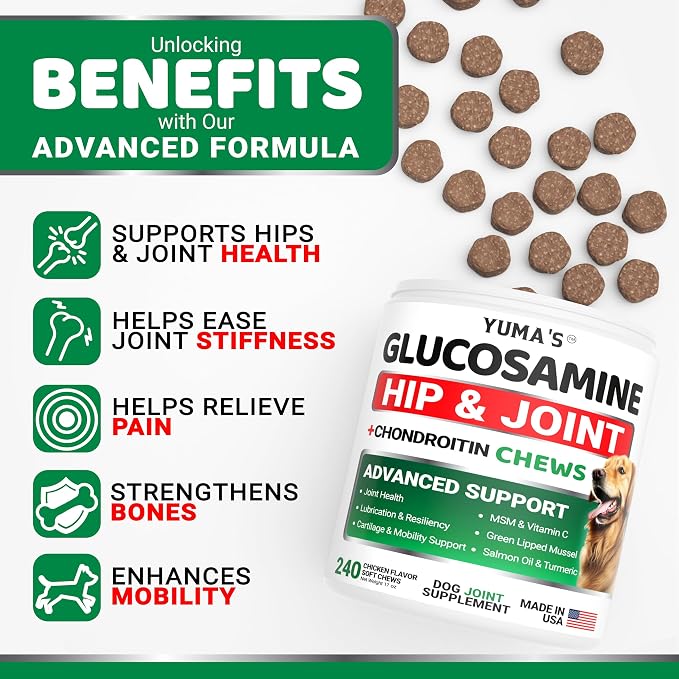 YUMA'S Glucosamine for Dogs - 240 Chews - Hip & Joint Supplement for Dogs