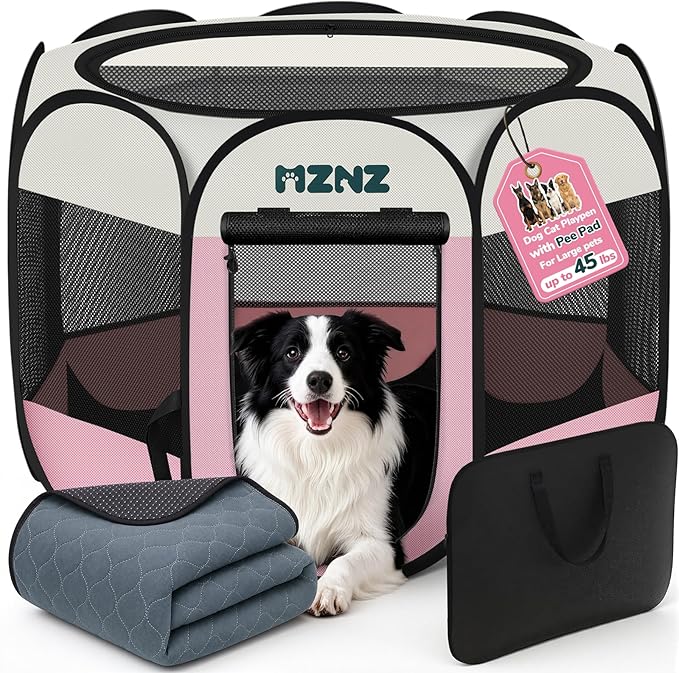 Dog Playpen with Pee Pad, Portable Puppy Pet Crate Indoors for Small/Medium/Large Dogs Cats Rabbits, Foldable Dog Cage Enclosure for Outdoor, Pop Up Dogs Tent Kennel with Carrying Case, Pink