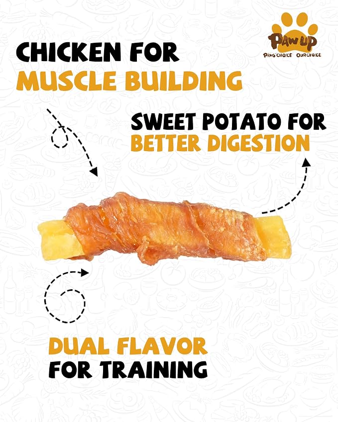 PAWUP Dog Treats Chicken Jerky Wrapped Sweet Potato, Natural Ingredients w/Taurine, Grain Free Dog Treats, 12.5 oz
