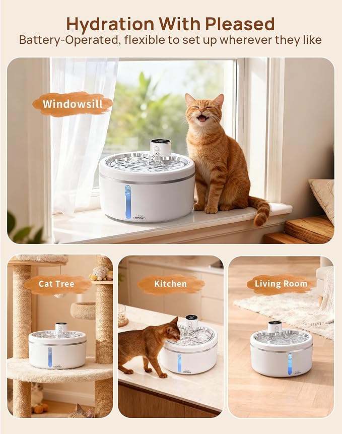 Wireless Cat Water Fountain [with Stainless Steel Tray], 84oz/2.5L Pet Fountain for Cats Inside, Cat Fountain for Drinking with Motion Sensor, Ultra Quiet for Small Animals-[BPA-Free] (84oz+8Filters)