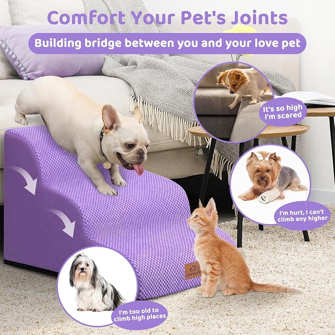 Zerbuger Dog Ramp and Stair for Bed 16" H-20 H,3-Step Cat Stair for Sofa and Chair,4-Step Dog Ramp for High Bed and Window,Durable Nonslip Fabric Stair for Indoor (Purple-16 H, Pet Friendly, 3)