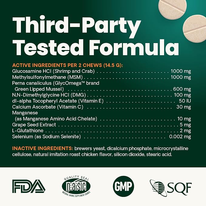 VetriScience Extra Strength Healthy Hip & Joint Chewable Tablets,GlycoFlex Glucosamine and Green-Lipped Mussel JointSupport Supplement for Dogs,Soothe-JointDiscomfort,Chicken,120 Count (Pack of 2)