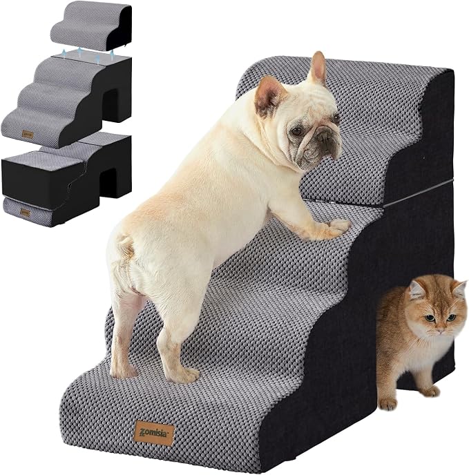ZOMISIA Dog Ramp for Large Dogs - 24" H 5 Steps Pet Stairs for High Bed with Tunnel 2 in 1 with Zippers Suitable, Indoor Cat Ladders with Non-Slip Bottom, Black