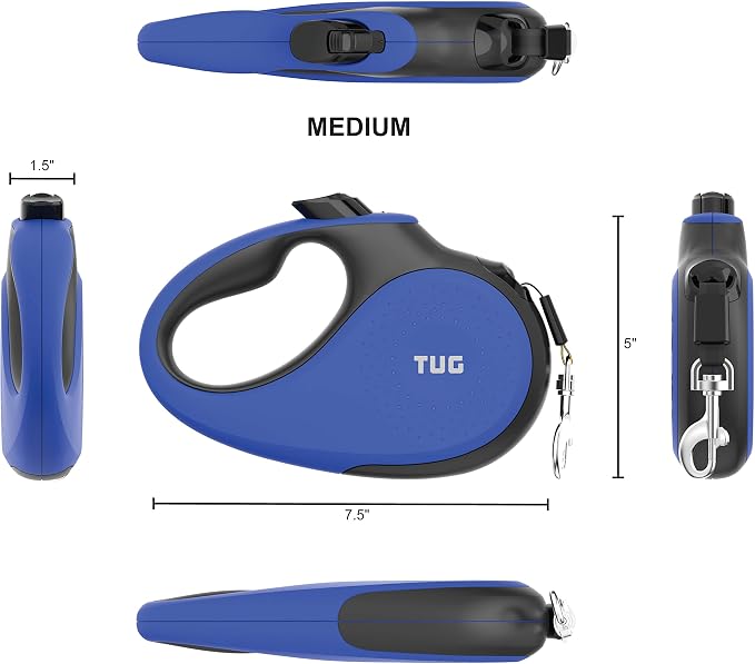 TUG Original Retractable Dog Leash, 16 ft (Medium, Blue) | 360° Tangle-Free Retraction, 16 ft Tape, Quick Thumb Lock, Anti-Slip Handle, For Dogs Under 55 lbs