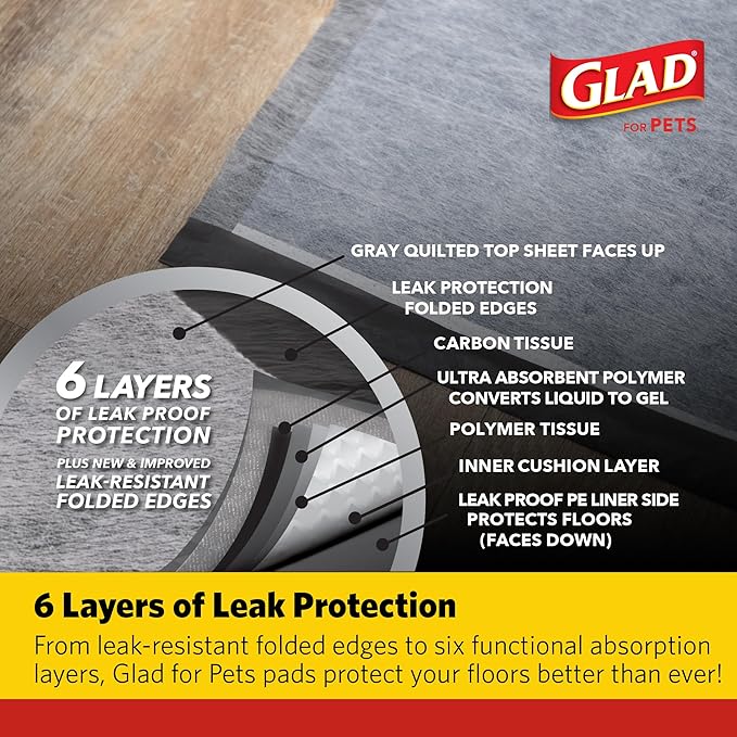 Glad for Pets Activated Carbon Dog Training Pads with Anti-Microbial Technology, Odor Eliminator Pee Mats for Dogs, 6-Layer Leak-Proof Heavy Duty Indoor Puppy Potty Pads, 23 x 23 Inches, 30 Count