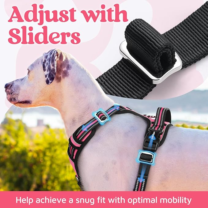 rabbitgoo Dog Harness Medium Sized, No Pull 3 Buckles Easy On & Off | Soft Padded, Walking with Control Handle, Adjustable and Reflective, Pink, Medium