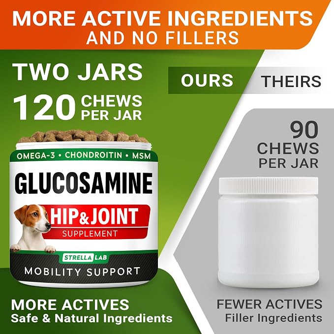Glucosamine Treats for Dogs - Joint Supplement w/Omega-3 Fish Oil - Chondroitin, MSM - Advanced Mobility Chews - Joint Pain Relief - Hip & Joint Care - Peanut Butter Flavor - 240 Ct