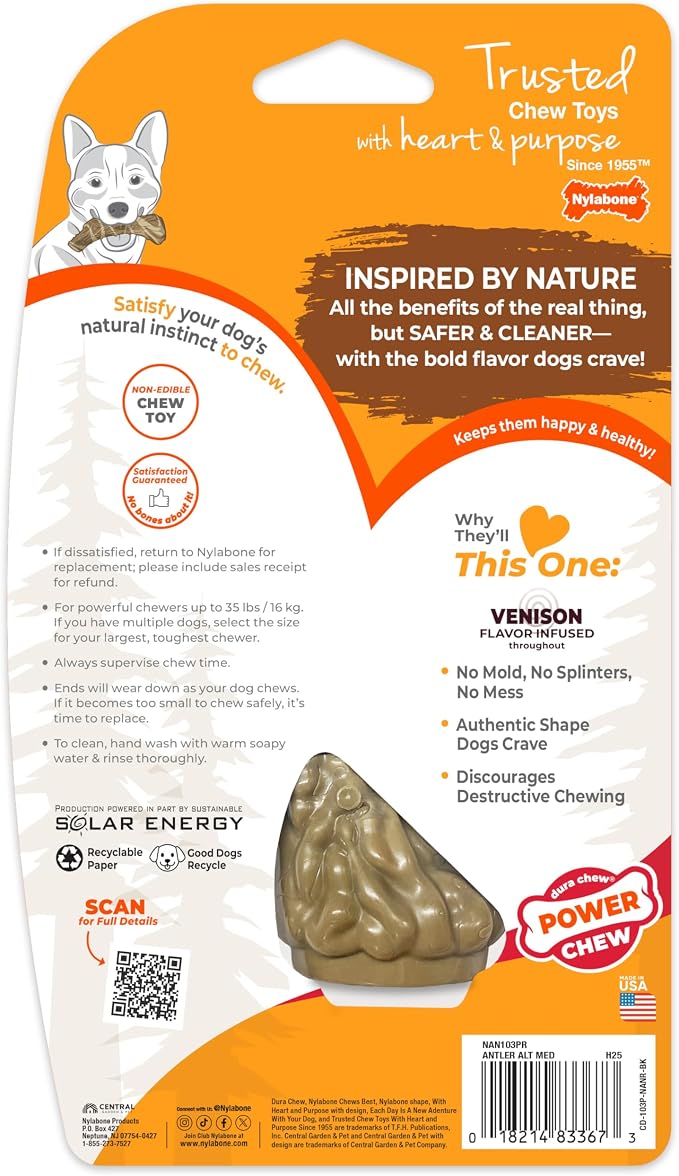 Nylabone Power Chew Antler Alternative Nylon Chew Toy for Dogs, Dog Toys for Aggressive Chewers, Venison Flavor, Medium/Wolf (1 Count) | Splinter-free, durable dog toys for aggressive chewers, long lasting, discourages destructive chewing, for dogs up ...
