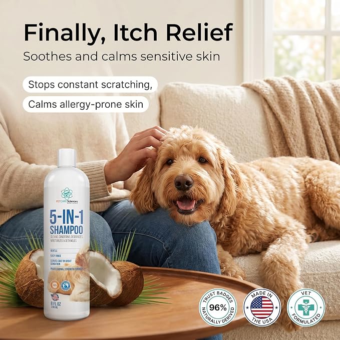 8 floz 5 in 1 Dog Shampoo for Itchy Skin - Sensitive Skin Dog Shampoo for Smelly Dogs - Dog Shampoos & Conditioners - Made in The USA