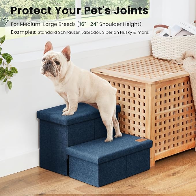 Love's cabin Dog Stairs with Storage 13" H, Foldable Pet Stairs for Small Medium or Large Dogs, Cat Puppy Steps Ramp with Zip up to 150 lbs, Navy Blue, 2 Steps