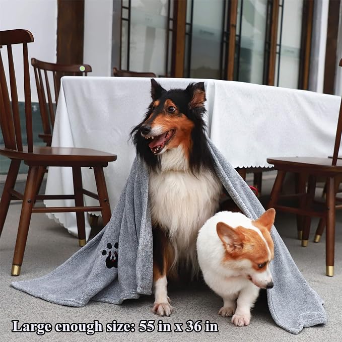 Dogvingpk Extra Large Dog Towel 2 Pack, Super Absorbent Soft Quick Drying Microfiber Pet Bath Towels for Large & Medium Dogs (XL-55" * 36", Grey and Brown)