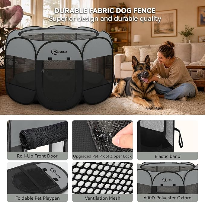 Siedihit Playpen for Extra Large Dog Cat, Dogs Tent Crate Cage Indoor/Outdoor, Portable Pop Up Dog Kennel with Carrying Bag for Rabbits, Removable Top (Dark Grey, Extra Large)