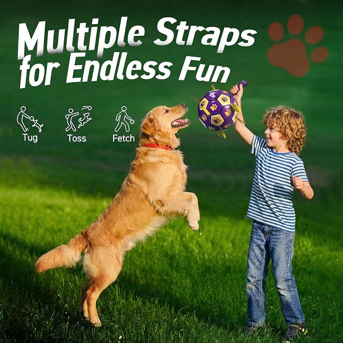 QDAN Extra Large Dog Toy Soccer Ball, Durable Dog Balls with Straps, 9 Inch | Herding Ball for Dogs Large, Interactive Dog Toys for Tug of War, Outside Water Toy, Training Soccer Balls >90 lbs Dogs