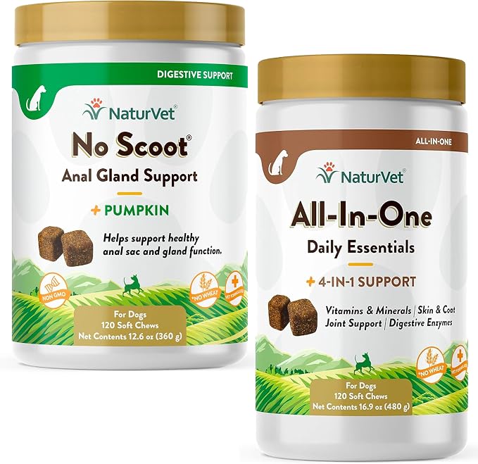 NaturVet All-in-One Dog Supplement - for Joint Support, Digestion, Skin, Coat Care – 120 Soft Chews & No Scoot for Dogs - 120 Soft Chews - Supports Healthy Anal Gland & Bowel Function
