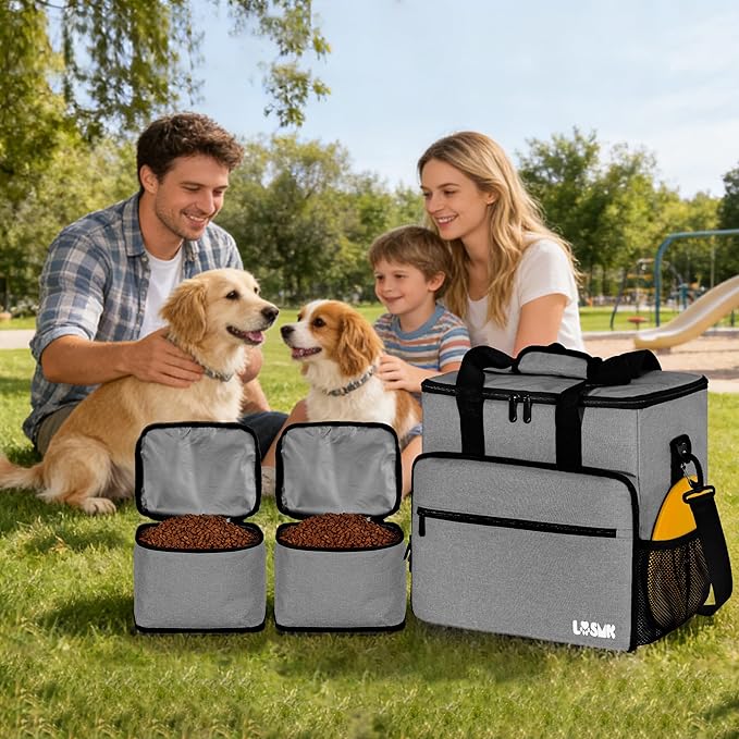 5-Set Dog Travel Bag with Food Containers, Bowls & Placemats, Grey