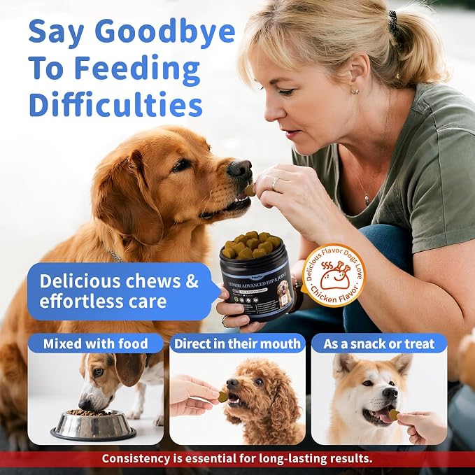 Senior Advanced Joint Supplement for Dogs – 17-in-1 Glucosamine for Dogs with Chondroitin – Hip & Joint Pain Relief Pills – Mobility Support Chews – Large & Small Breeds - Chicken Flavor – 90Ct