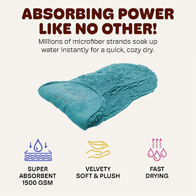Dog Gone Smart The Dirty Dog Shammy - 2-Pack, Antimicrobial Microfiber Dog Towel for Odor Control, Fast-Drying Plush, Dual Hand Pockets & Super Absorbent, Machine Washable - 31 x 13 in, Pacific Blue