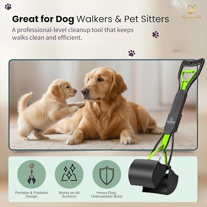 SHAZORY Pooper Scooper for Dogs & Cats – Long Handle, Heavy-Duty Design with Bag Dispenser, Poop Scooper for Large Dogs, Dog Poop Scoop for Yard, Portable for Pet Parents & Dog Walkers (32")