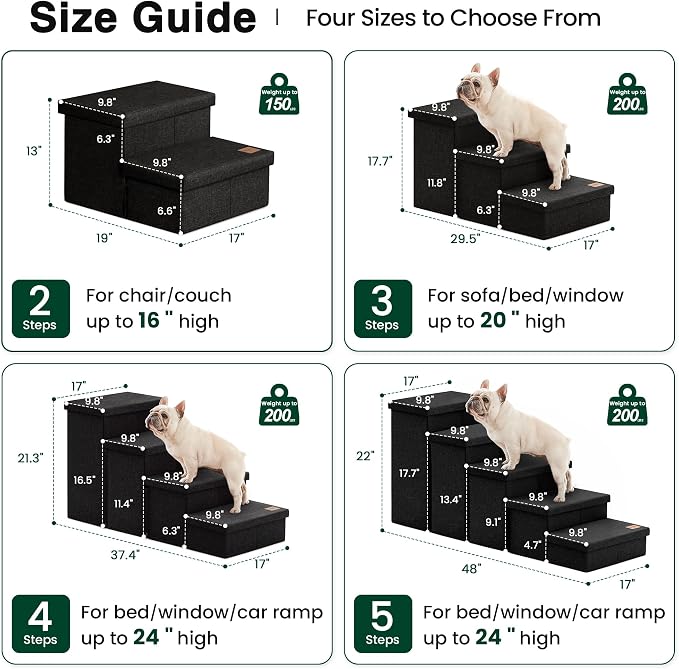 Love's cabin Dog Stairs for Small Medium or Large Dogs with Storage and Adjustable Steps, Foldable Cat Steps for Bed or Couch, 4-Step Black Folding Ramp with Zip up to 200 lbs, Black