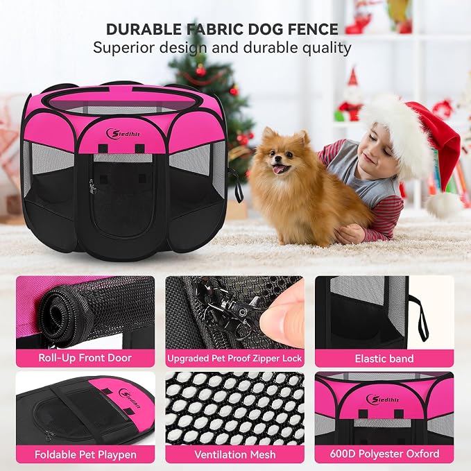 Siedihit Dog Playpen, Medium Puppy Pet Playpen, Dog Crate Tent Cage Indoor/Outdoor, Portable Pop Up Dogs Kennel Playpen with Carrying Case for Dogs/Cats/Rabbits, Hot Pink