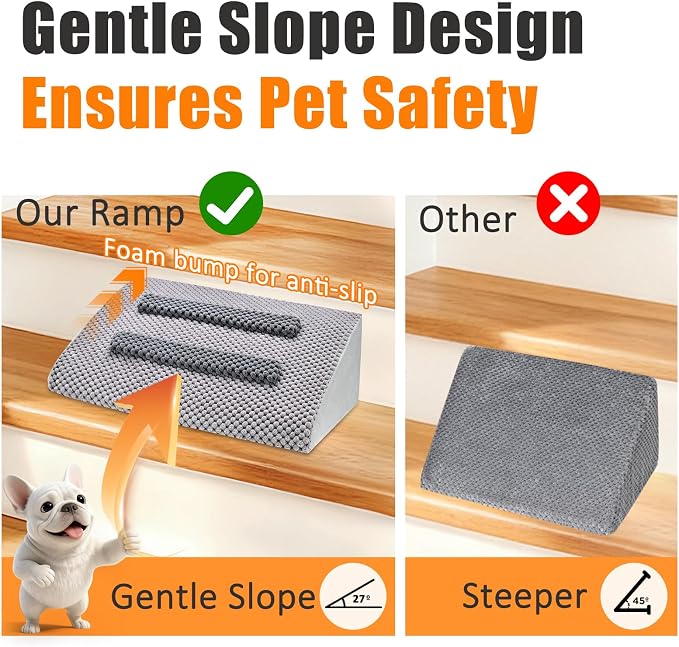 Dog Ramp for Stairs with Anti-Slip Bump for Small & Senior Dogs and Cats – Stair Wedges for Dogs with Gentle Slope, Pet Ramp with Washable Cover & Self-Sticky Pads for Safe Climbing (Gray, 6 Pack)