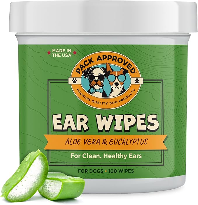 Pack Approved Ear Wipes for Dogs with Aloe Vera & Eucalyptus - Gentle Ear Cleaner for Dogs to Help Remove Wax and Odor - Convenient and Mess-Free Cleaning Pads for Dirty, Itchy Ears - 100 Wipes