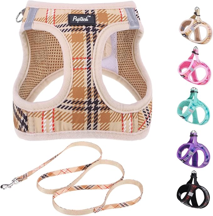 PUPTECK Dog Harness and Leash Set for Small Medium Dogs No Pull Step-in Soft Mesh Puppy Cat Vest Harnesses Reflective at Night, Plaid Pattern Beige L