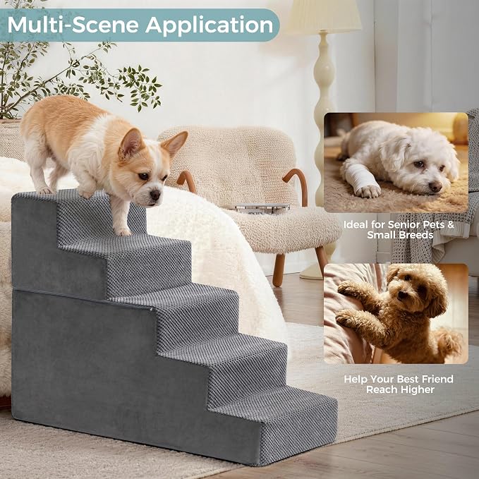 Dog Stairs, Steps and Ramp for High Bed & Sofa, 13-24" H Detachable Pet Stairs for Small Medium Dogs, Sturdy 40D Foam, Non-Slip, Washable Cover with Lint Roller, Grey