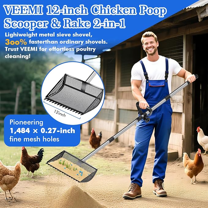 Chicken Poop Scooper Rake 2-in-1,304 Stainless Steel Shovel Head, Chicken Litter Scoop with Handle for Chicken Coop for Sand, Pet Waste Cleaning, Litter Sifting Shovel (35 to 65") (Black, 12inch)
