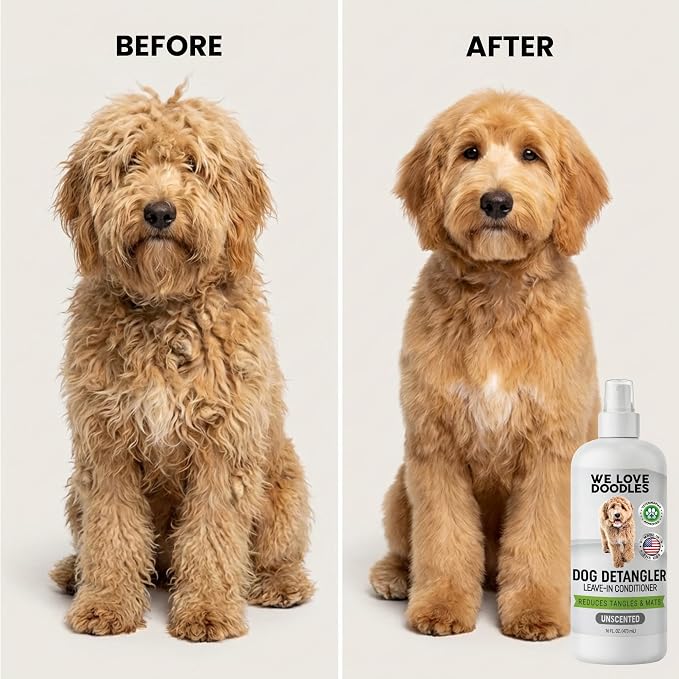Dog Detangler Spray, Leave-in Conditioner Spray for Dogs, Unscented, 16 oz | Best Detangling & Dematting Spray for Dogs, Tangled & Matted Hair Remover for Goldendoodles, Doodles & Poodles, Made in USA