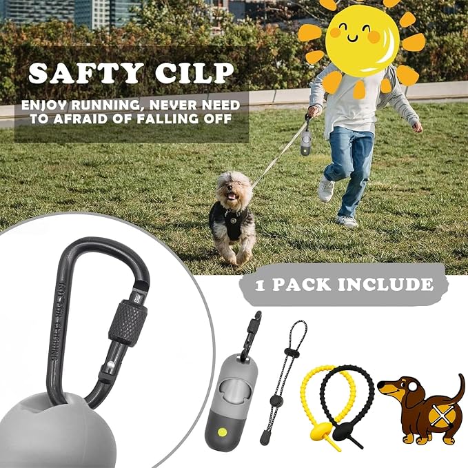Dog Poop Waste Bags Holder with LED Flashlight|Cute Doggie Poo Bags Dispenser for Pet Leash|Trash Waste Bags Carrier with Potty Clip Fastener LR44 Button Cells Included (Grey, 2 Holder 30 Bags)
