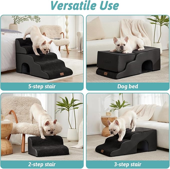 COZY KISS Small Dog Stairs with Tunnel, 5 Step Pet Ramp for High Bed | Curved Stable Dog Step for Puppy, Older Cat, Senior, Medium, Short-Legged Dog, Non-Slip Ladder for Car, 22.4" H, Black