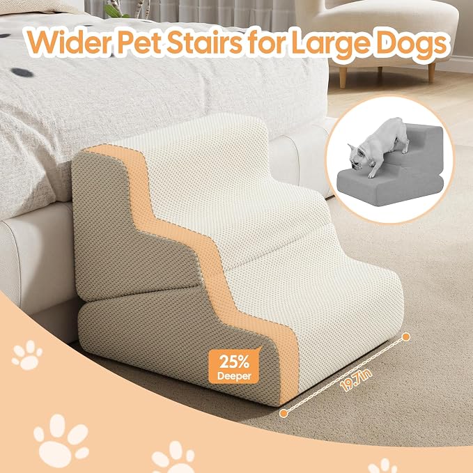 Dog Ramp for Bed, Extra Wide 20" Width Dog Stairs for High Bed, 2 in 1 Pet Steps for Small Dogs, 4-Step Foldable Transformable Large Cats Ramp to Get on Couch, Non-Slip Balanced, Beige