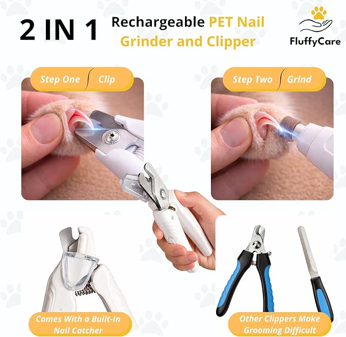 2-in-1 Dog & Cat Nail Clippers with 2 LED Lights, White
