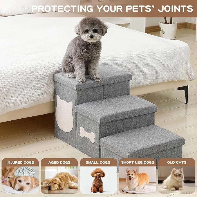 3-Step Wider Dog Steps for Bed 17" H, Foldable Dog Stairs with Storage, Non-Slip Pet Steps for Small Medium Large Dogs, Arthritis-Friendly Pet Stairs for Couch and Car Up to 200 lbs, Grey