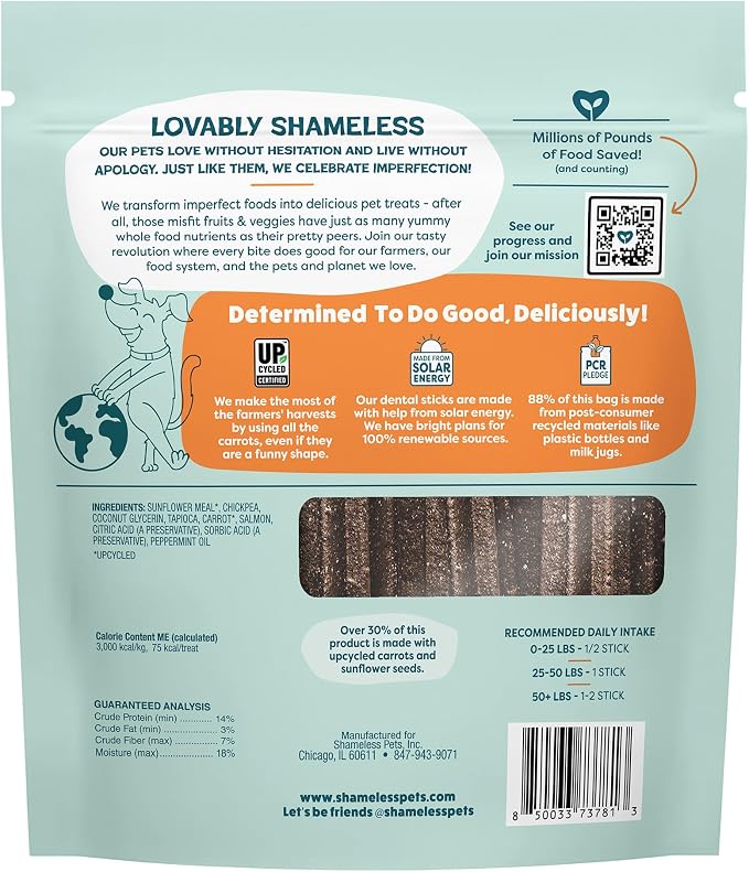Shameless Pets Carrot & Mint Dental Chews for Dogs, 32 Chews - Natural Dog Teeth Cleaning Treats with Fresh Breath Benefits | Grain-Free Dental Sticks for Small, Medium & Large Dogs