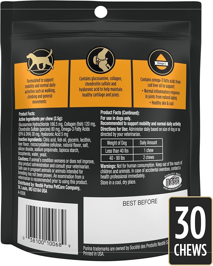 Pro Plan Veterinary Diets Joint Care Small Breed Dog Joint Supplement with Glucosamine Chondroitin Collagen and Hyaluronic Acid for Mobility Support, 30 Count