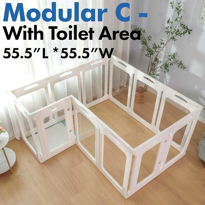 12 Panels Clear Dog Playpen, Modular 2 Room & Toilet Area, Height 30", Ideal for Small & Toy Dogs, White