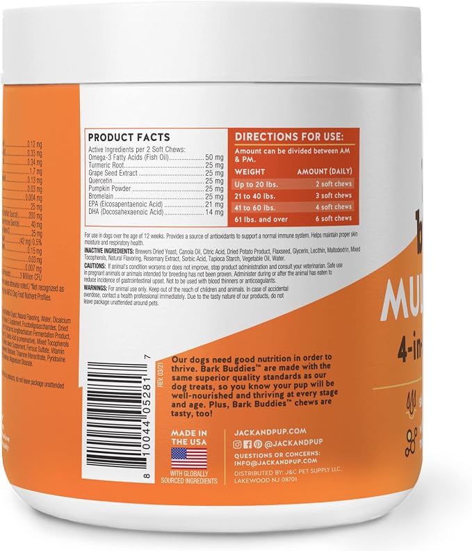Jack&Pup Dog Vitamins and Supplements Multivitamins for Dogs - Bark Buddies Multi-Buddy Dog Multivitamins Chewable Soft Chews Puppy Vitamins and Supplements - (60ct)