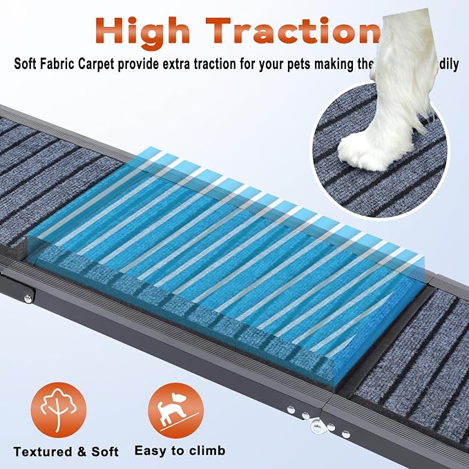 63" Long Dog Ramp for Car, Foldable Dog Ramps for Large Pet, Portable Dogs Ramp for Truck, 17" Wide Pet Car with Non-Slip Rug Surface, Pet Ramp for Large Dogs Up to 200LBS for Car, SUV & Truck-L
