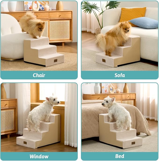 COZY KISS Dog Stairs for Small Dogs, 3 Step Pet Stairs for Beds & Couches | 13.5" H Non-Slip Dog Steps for Bed, Ideal for Puppies, Senior Cats, and Small to Medium Dogs, 15.7x17.7x13.5 in, Beige