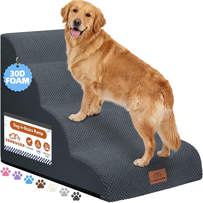 Zerbuger Dog Ramp and Stair for Bed 16" H-20 H,3-Step Cat Stair for Sofa and Chair,4-Step Dog Ramp for High Bed and Window,Durable Nonslip Fabric Cover for Indoor (Dark Grey-20 H, Pet Friendly, 4)