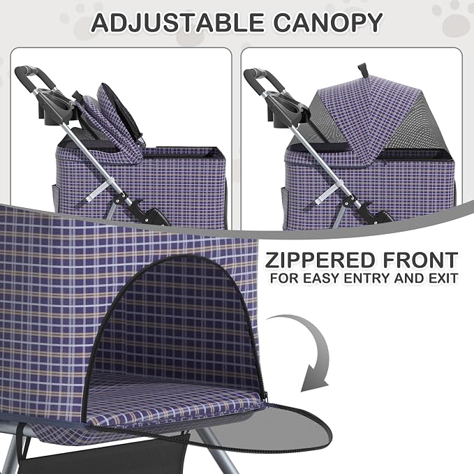 MoNiBloom 3-in-1 Foldable Pet Stroller - Plaid, up to 33lbs