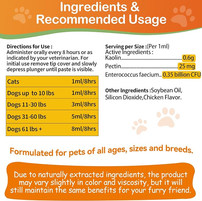 Antidiarrheal for Dogs - Kaolin Pectin Probiotic Paste for Dog, Anti-diarrheal for Cats - Puppy Probiotic Supports Firm Stool, Balances Gut pH, and Promotes Daily Digestive Health - 1 oz
