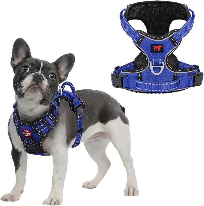 Tuff Pupper No Pull Easy Walk Dog Harness | Heavy Duty Pet Vest | Front & Back Leash Clips | Strong Safety Handle | Reflective Anti Pull Vest | Comfortable Padded Escape Proof Harness (Small, Blue)