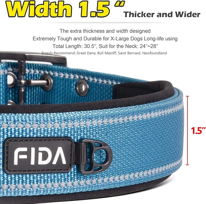 Fida Heavy Duty Dog Collar for Large Dogs with Metal Belt Buckle, Blue | 1.5" Width, Soft Neoprene Padded, Thicker Nylon Webbing, Adjustable Fit, Reflective Stitching for Night Safety
